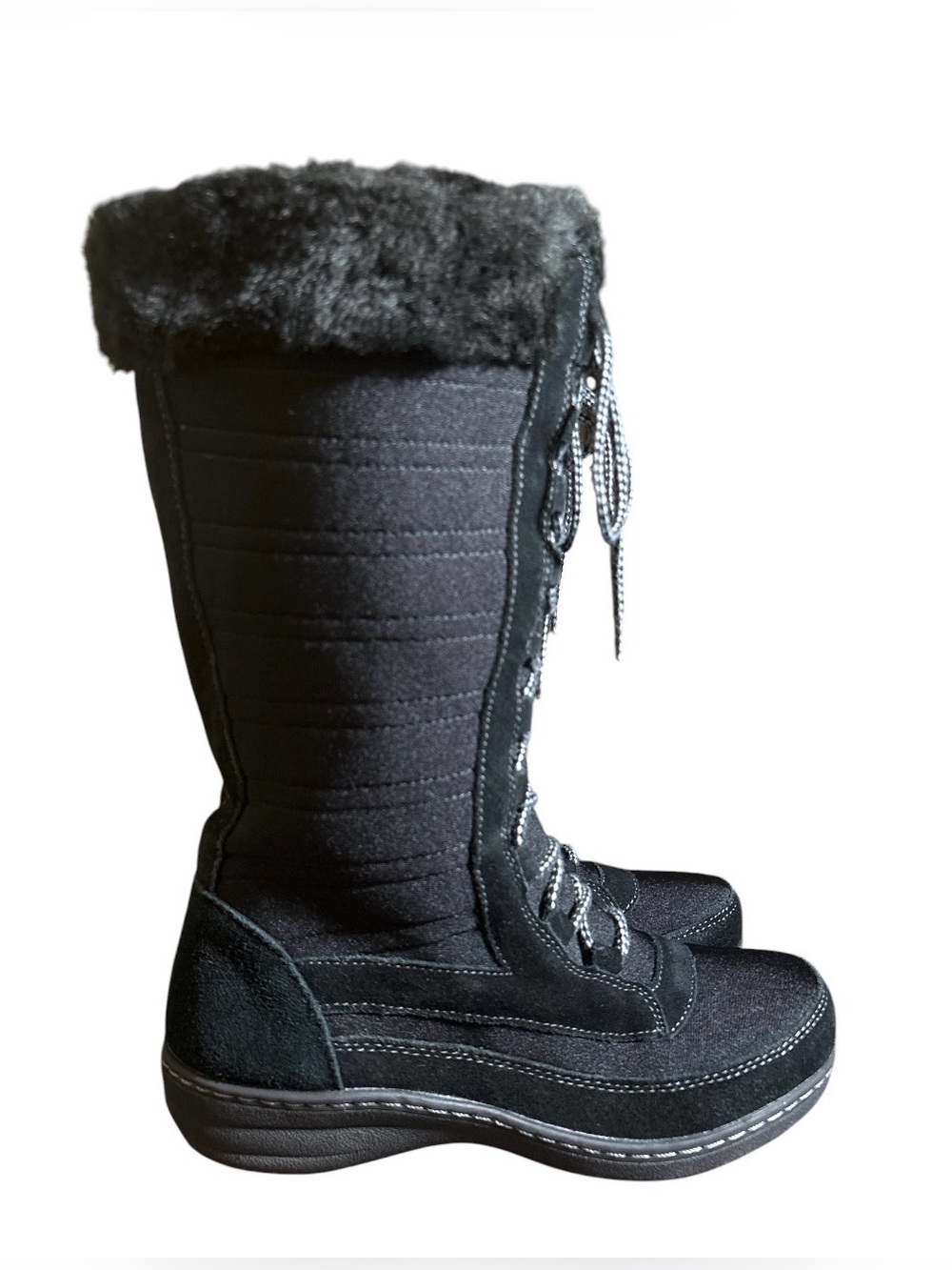 Aetrex Black Lace-Up Tall Winter Boots with Faux Fur Collar,Size 7.5-8